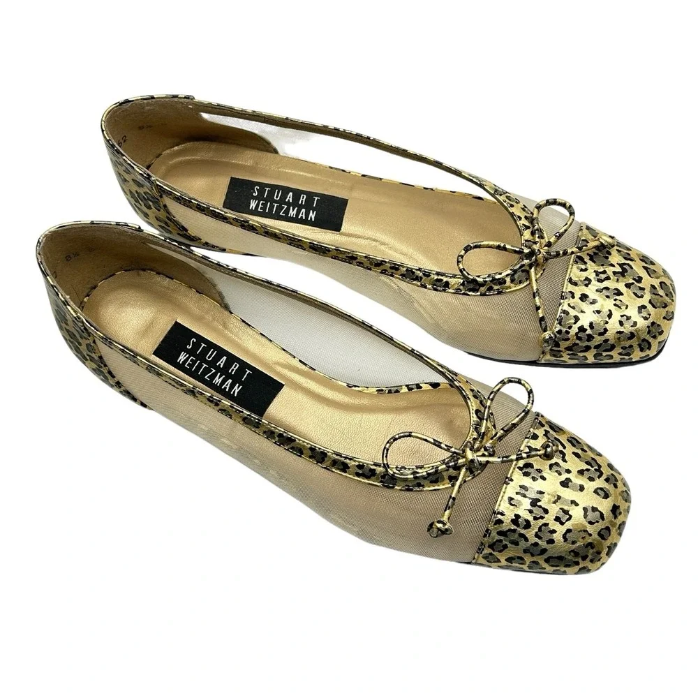 Stuart Weitzman Beige Flats with Gold Leopard Cap-Toe and Bow